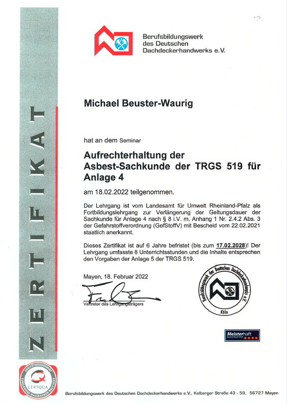 Zertifikat Fortbildungslehrgang TRG -Michael Beuster-Waurig